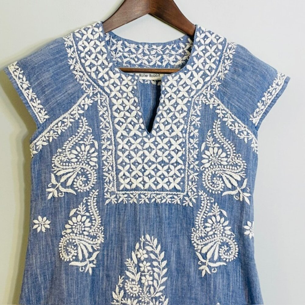 Roller Rabbit 100% Cotton Embroidered Resortwear Dress Cover Up Chambray Blue XS - Picture 3 of 6